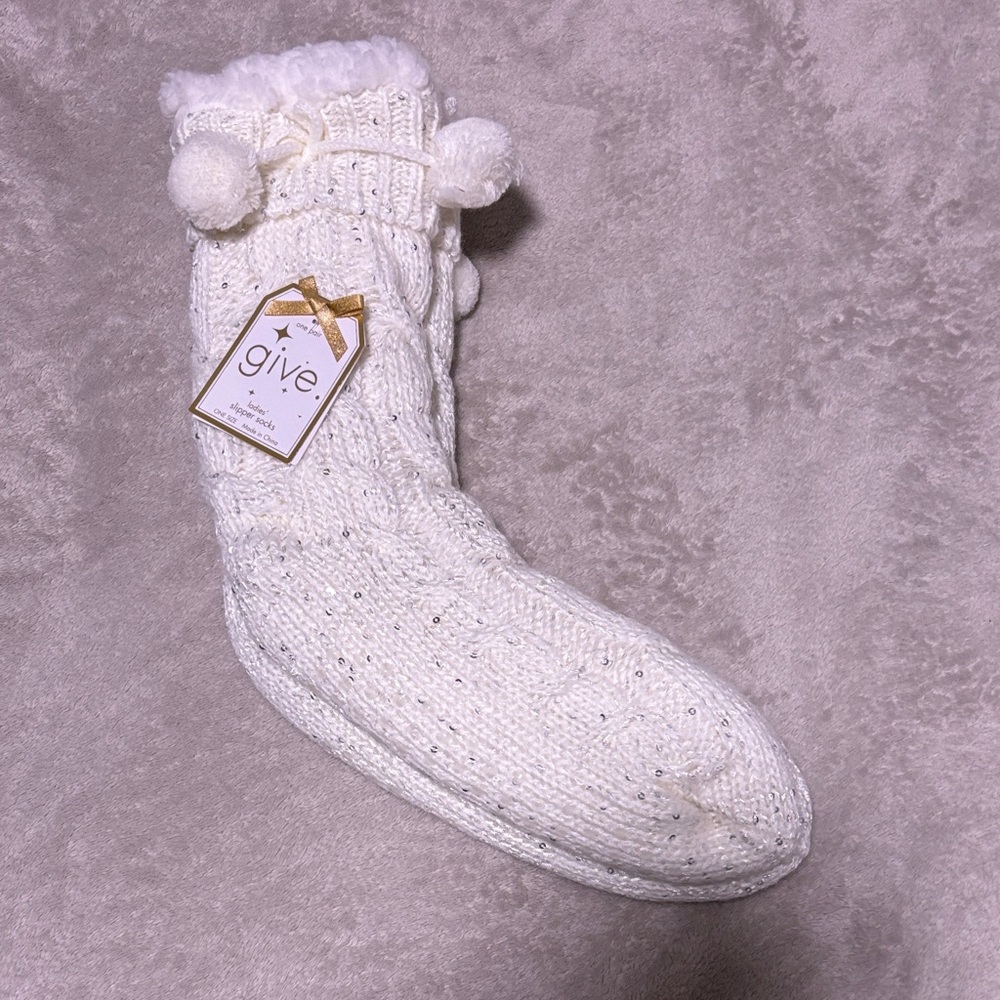 Sequined Pom Pom Cozy White Knit Slipper Socks…One Size..NWT